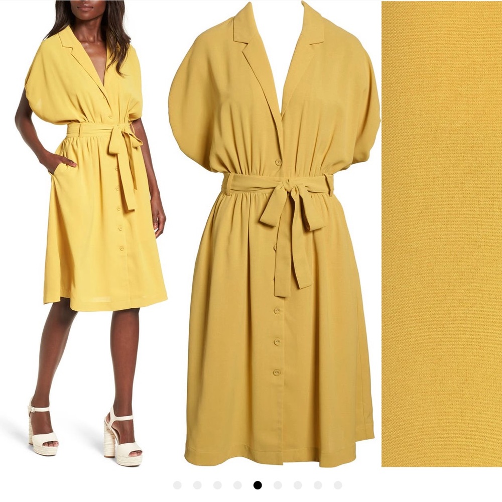 J.O.A. Mustard Yellow Button-Front Belted Dress